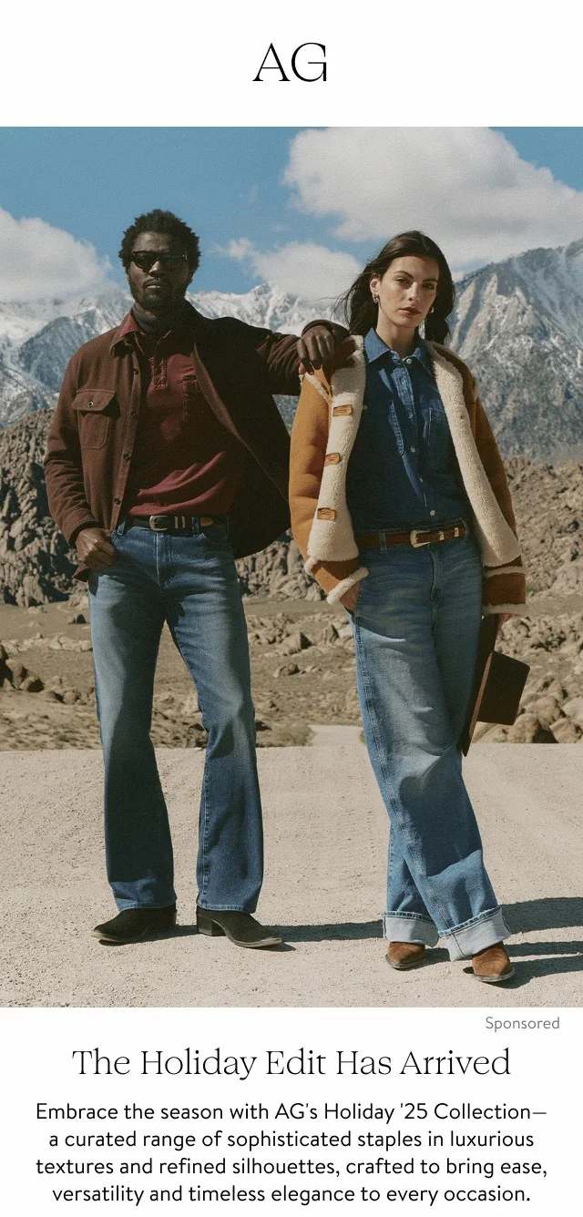 A man and woman wearing AG jeans and pieces from the holiday collection.