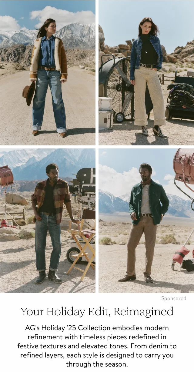 A man and woman wearing AG denim and pieces from the holiday collection against a Western background.