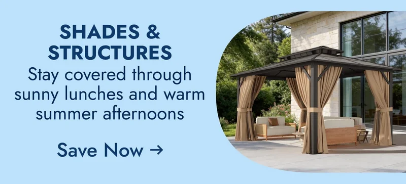 Shades & structures--stay covered through sunny lunches and warm summer afternoons