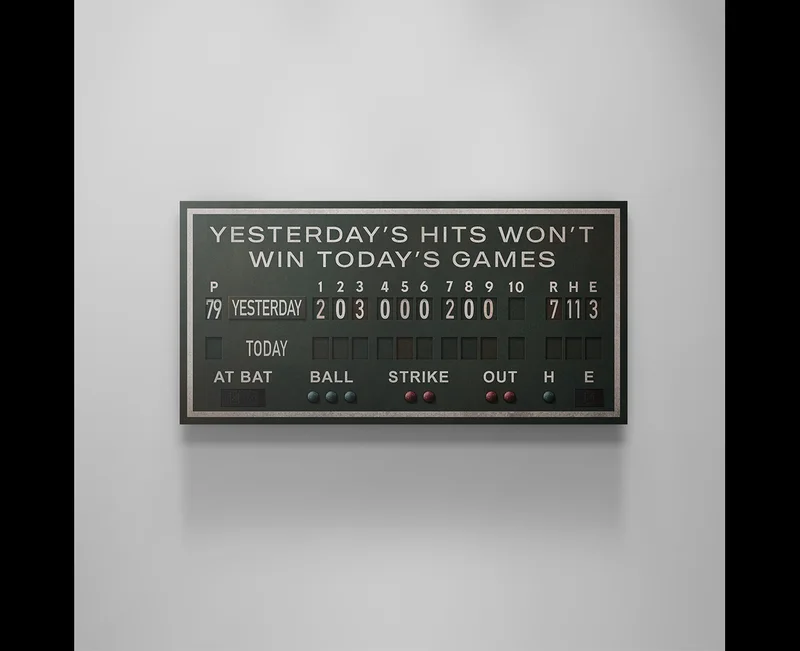 Canvas artwork of a baseball scoreboard with the quote “Yesterday’s Hits Won’t Win Today’s Games.” Canvas artwork of a baseball scoreboard with the quote “Yesterday’s Hits Won’t Win Today’s Games.”