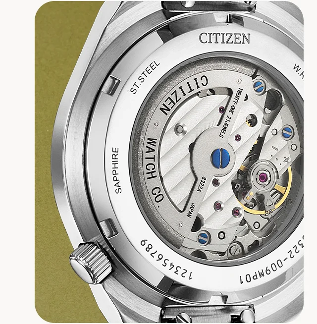 A detailed close-up of the Tsuyosa caseback featuring the movement.