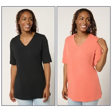 Denim & Co. Essentials Textured Knit 2-Pack V-Neck Tunics