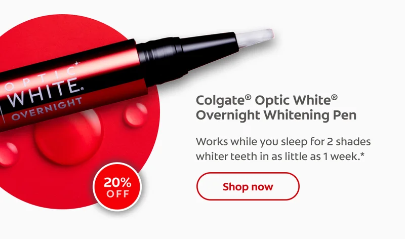 Colgate® Optic White® Overnight Whitening Pen Works while you sleep for 2 shades whiter teeth in as little as 1 week.* 20% off click here to shop now