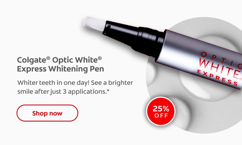 Colgate® Optic White® Express Whitening Pen Whiter teeth in one day! See a brighter smile after just 3 applications.* 25% off click here to shop now