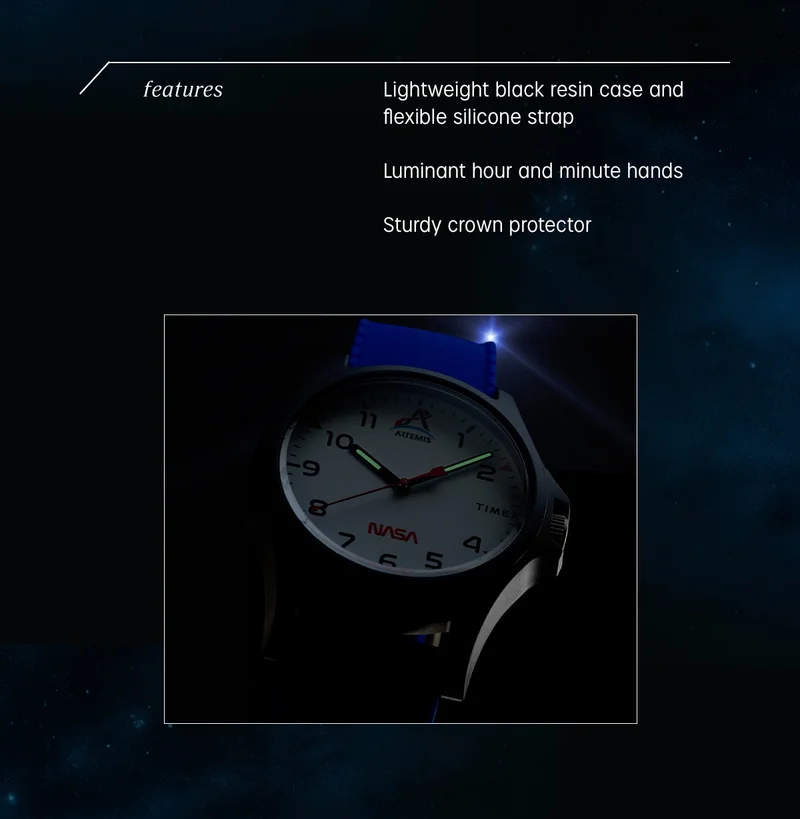 features | Lightweight black resin case and flexible silicone strap | Luminant hour and minute hands | Sturdy crown protector