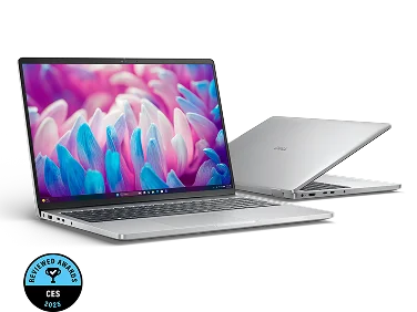 Two Dell laptop computers and a “Reviewed Awards at CES 2025” logo.