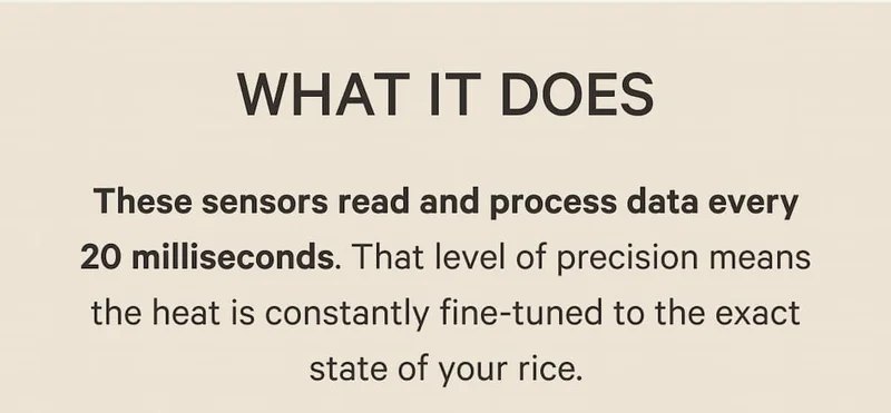 What It Does | These sensors read and process data every 20 milliseconds. That level of precision means the heat is constantly fine-tuned to the exact state of your rice.