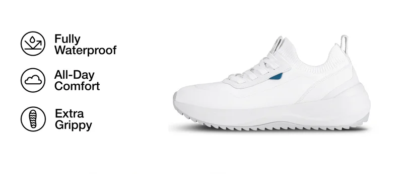 Product shot of the Stormburst Low Top in White. Fully Waterproof. All-Day Comfort. Extra Grippy.
