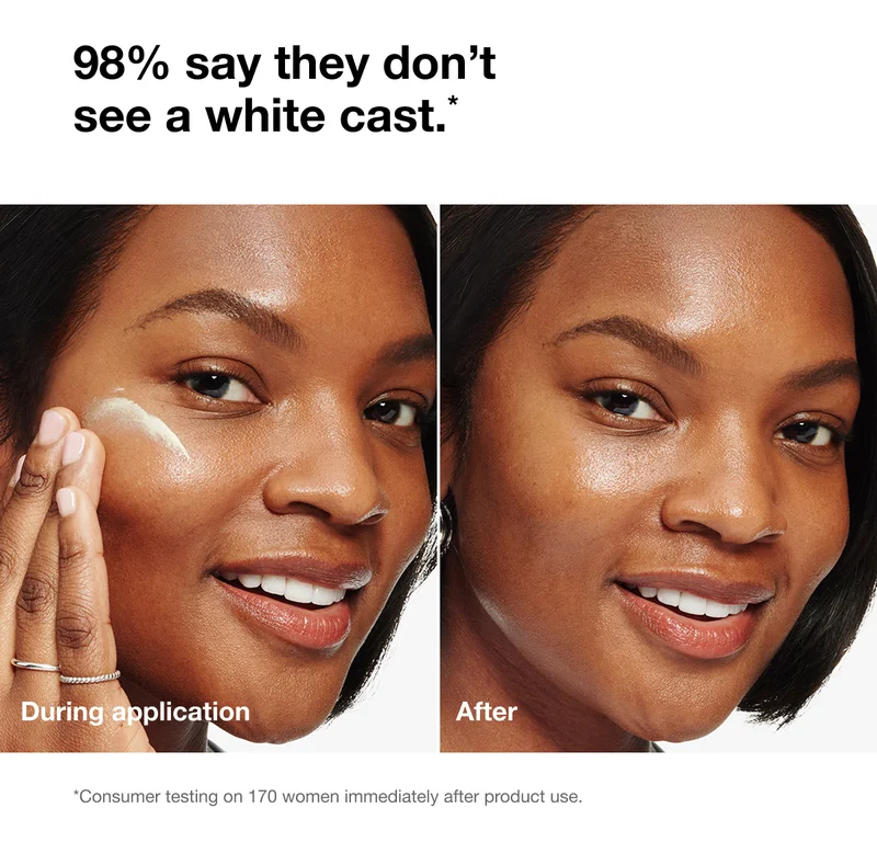 98% say they don’t  see a white cast.* | During application | After | *Consumer testing on 170 women immediately after product use.