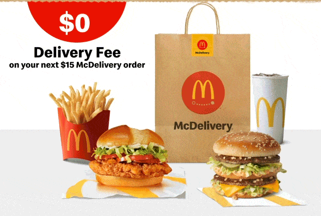 Get your faves delivered with $0 delivery fee on your next $15 McDelivery order.