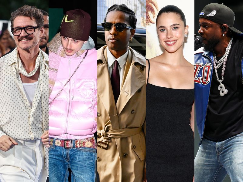 Image may contain: Margaret Qualley, A$AP Rocky, Timothée Chalamet, Clothing, Coat, Adult, Person, Accessories, and Jacket