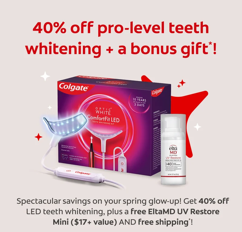 40% off pro-level teeth whitening + a bonus gift*! Spectacular savings on your pring glow-up! Get 40% off LED teeth whitening, plus a free EltaMD UV Restore Mini ($17+ value) and free shipping*!