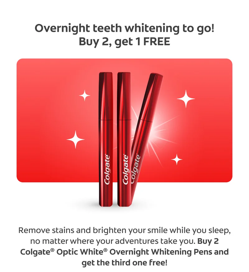Overnight teeth whitening to go! Buy 2, get 1 FREE. Remove stains and brighten your smile while you sleep, no matter where your adventures take you. Buy 2 Colgate® Optic White® Overnight Whitening Pens and get the third one free!