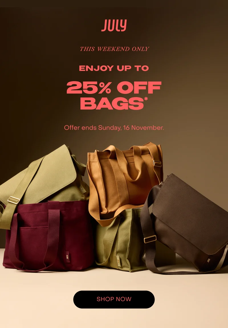 This weekend only enjoy up to 25% off bags.