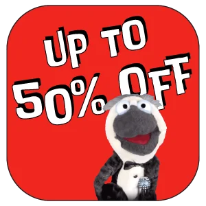 Promotional image featuring a puppet in a tuxedo with the text 'Up to 50% Off' in bold letters, highlighting a special discount offer.