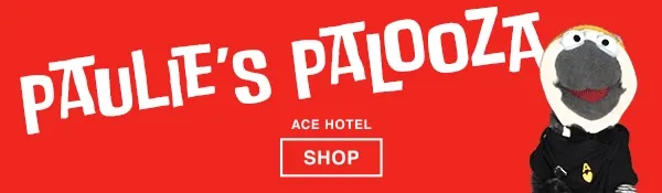Animated banner with Paulie the puppet. First slide: "Paulie's Palooza, Ace Hotel Shop". Second slide: "Up to 50% off Surplus Sale".