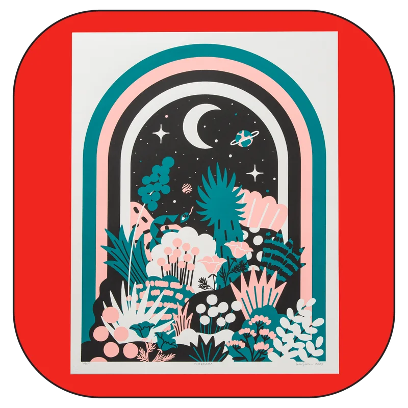 Colorful art print depicting a whimsical night garden scene under a crescent moon and stars.