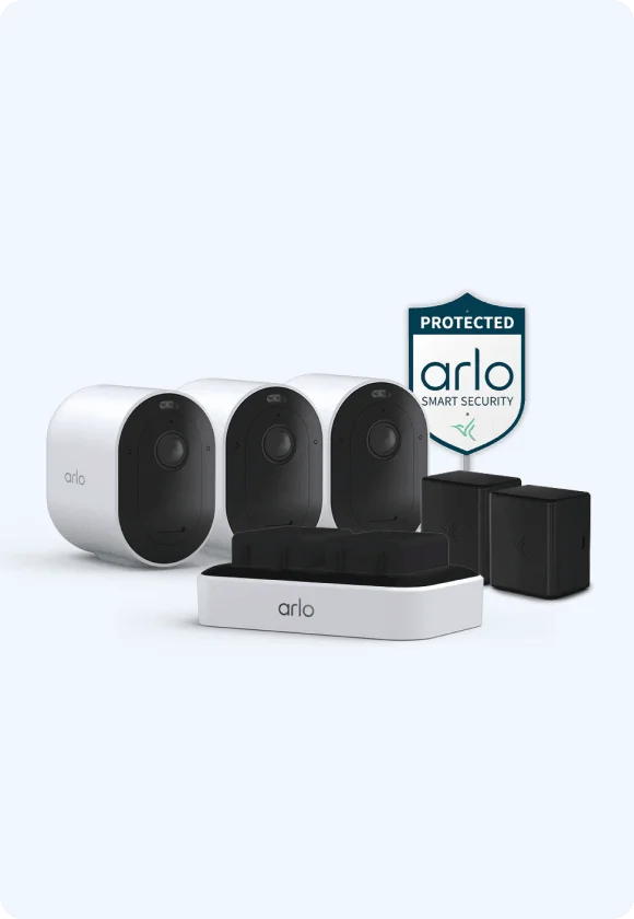 Three Arlo Pro 6 Wireless Security Cameras, an Arlo Yard Sign, and rechargeable batteries.