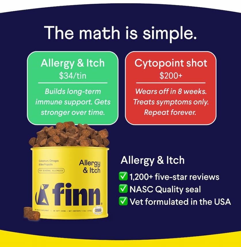 Text: The math is simple. Allergy & Itch $34/tin: Builds long-term immune support. Gets stronger over time. Cytopoint shot $200+: Wears off in 8 weeks. Treats symptoms only. Repeat forever.&nbsp; Allergy & Itch ✅ 1,200+ five-star reviews ✅ NASC Quality seal ✅ Vet formulated in the USA