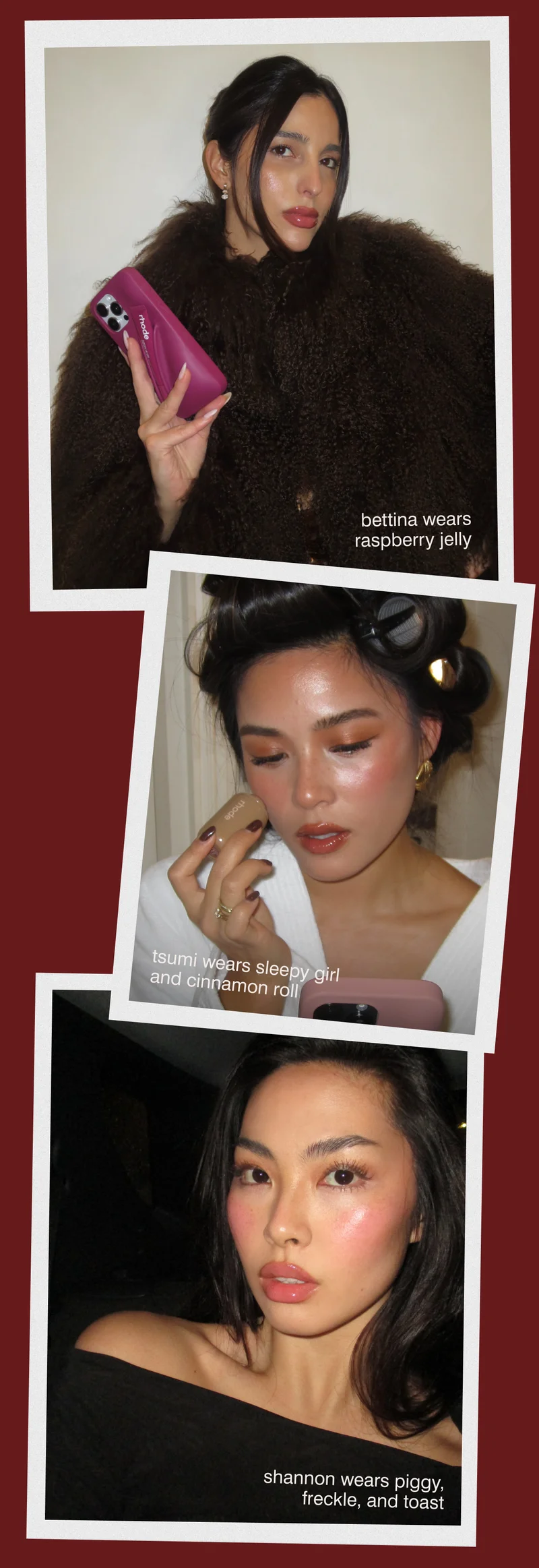 bettina wears raspberry jelly, tsumi wears sleepy girl and cinnamon roll, shannon wears piggy, freckle and toast