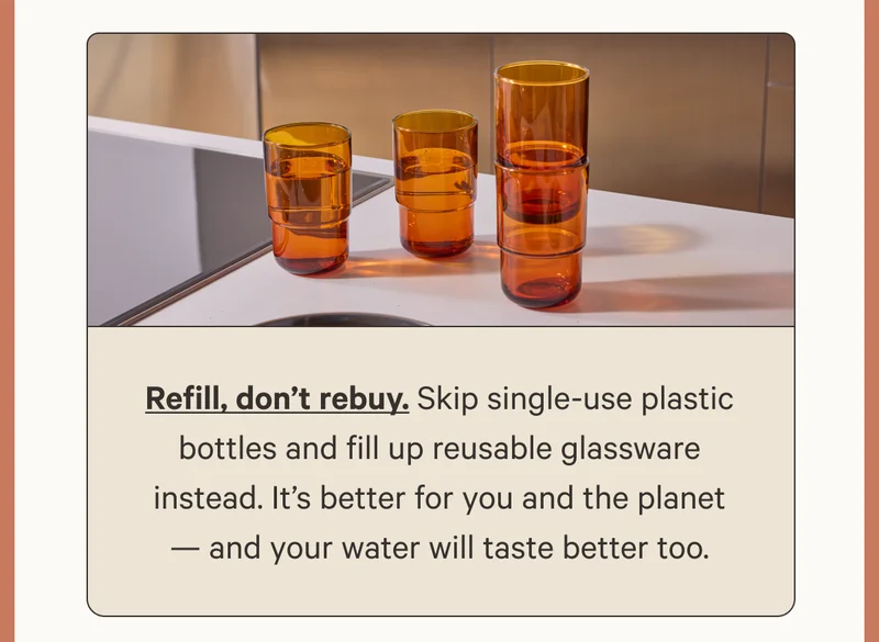 Refill, don’t rebuy. Skip single-use plastic bottles and fill up reusable glassware instead. It’s better for you and the planet — and your water will taste better too.