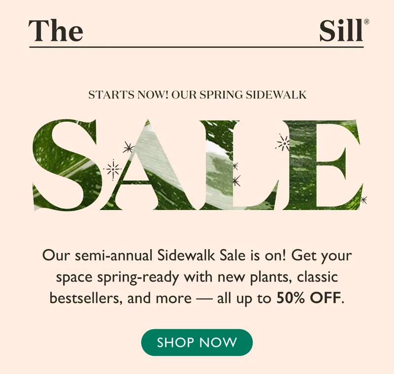 Our semi-annual Sidewalk Sale is on! Get your space ready for spring with new plants, classic bestsellers, and more, all up to 50% OFF.