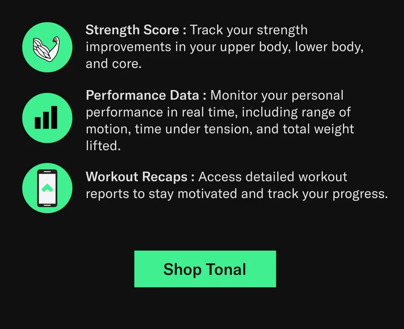 Strength Score : Track your strength improvements in your upper body, lower body, and core. Performance Data : Monitor your personal performance in real time, including range of motion, time under tension, and total weight lifted. Workout Recaps : Access detailed workout reports to stay motivated and track your progress.