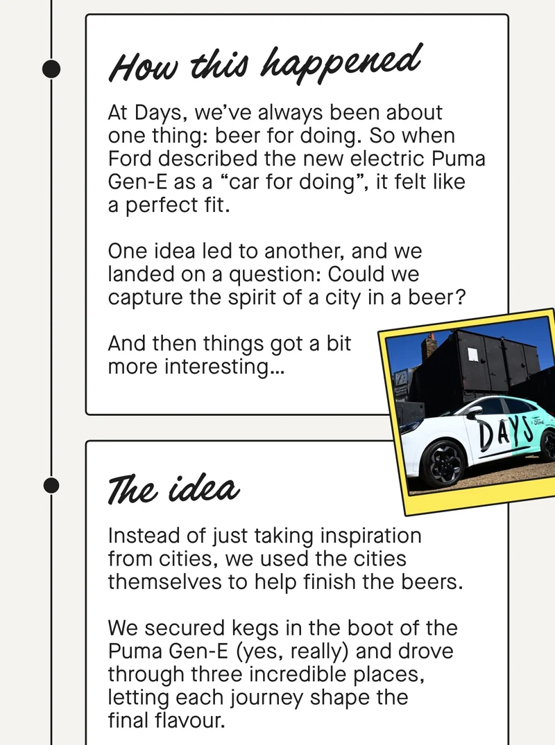 Instead of just taking inspiration from cities, we used the cities themselves to help finish the beers.  We secured kegs in the boot of the Puma Gen-E (yes, really) and drove through three incredible places, letting each journey shape the final flavour.