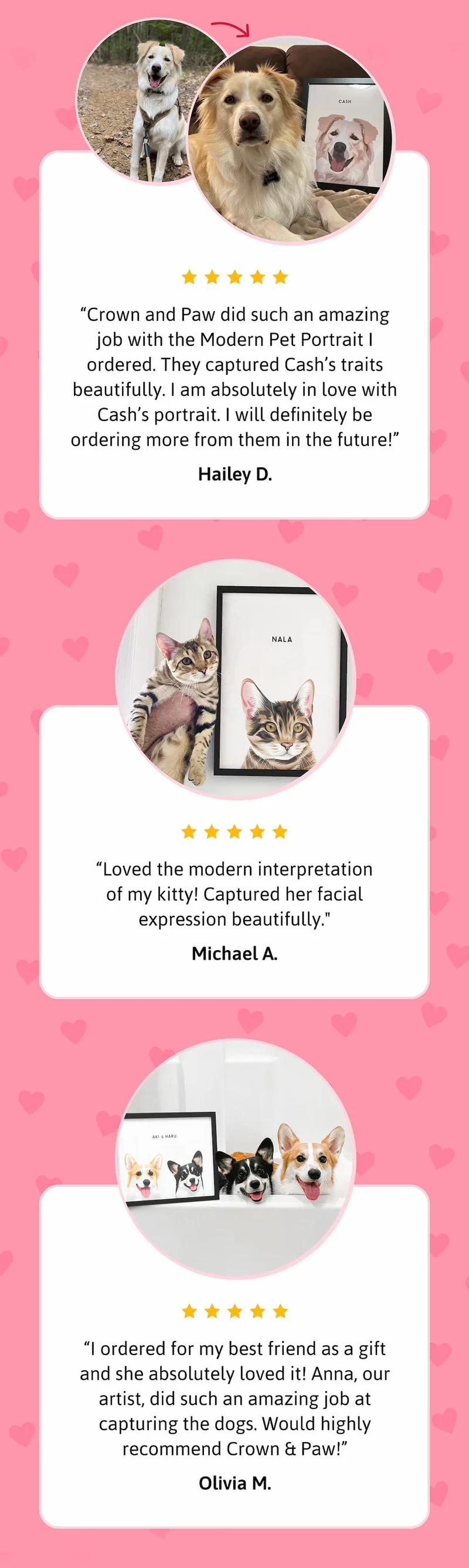 "Crown and Paw did such an amazing job with the Modern Pet Portrait I ordered. They captured Cash’s traits beautifully. I am absolutely in love with Cash’s portrait. I will definitely be ordering more from them in the future!" Hailey D |Loved the modern interpretation of my kitty! Captured her facial expression beautifully." Michael A.  | "I ordered for my best friend as a gift and she absolutely loved it! Anna, our artist, did such an amazing job at capturing the dogs. Would highly recommend Crown & Paw!" Olivia M.