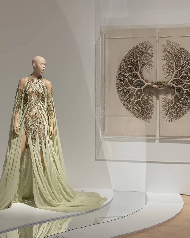 Nature-inspired green dress and root-like artwork in the background