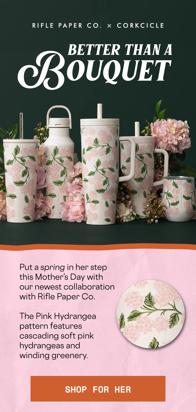 Shop Rifle Paper Co. x CORKCICLE Pink Hydrangea drinkware for Mother's Day!