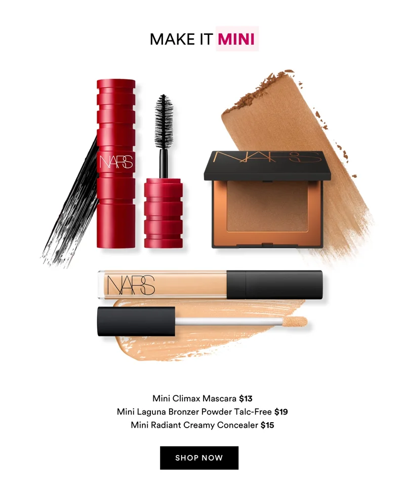Make it mini | Mini Climax Mascara $13 | Mini Laguna Bronzer Powder Talc-Free $19 | Mini Radiant Creamy Concealer $15 | Shop now