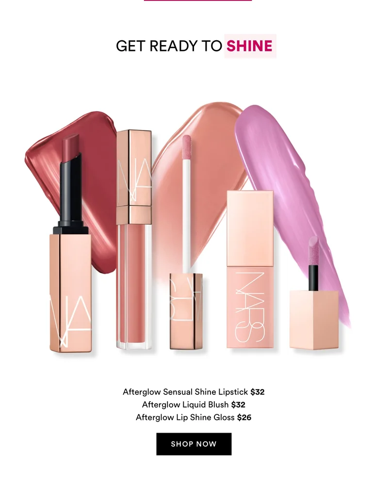 Get ready to shine | Afterglow Sensual Shine Lipstick $32 | Afterglow Liquid Blush $32 | Afterglow Lip Shine Gloss $26 | Shop now