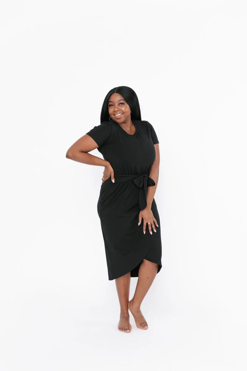 Image of Rebecca Wrap Midi Dress in Midnight Black