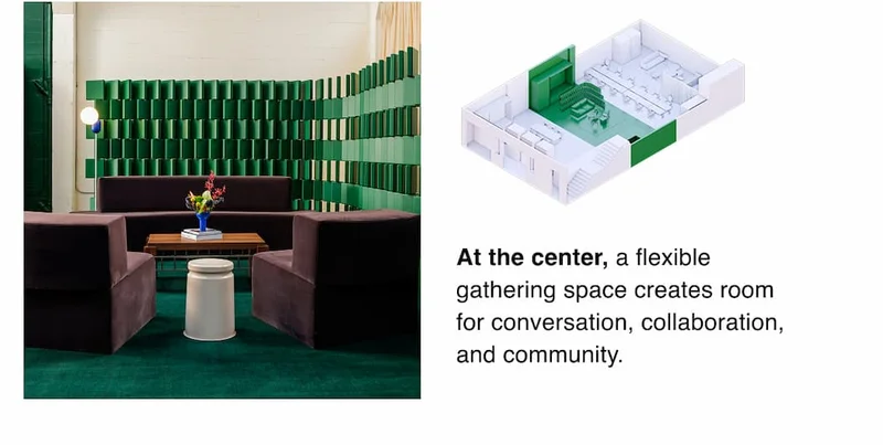 At the center, a flexible gathering space creates room for conversation, collaboration, and community.