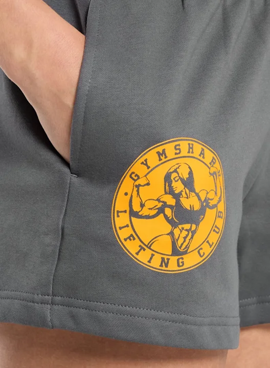 STRONG GIRL LIFTING CLUB GRAPHIC SHORTS. PITCH GREY.