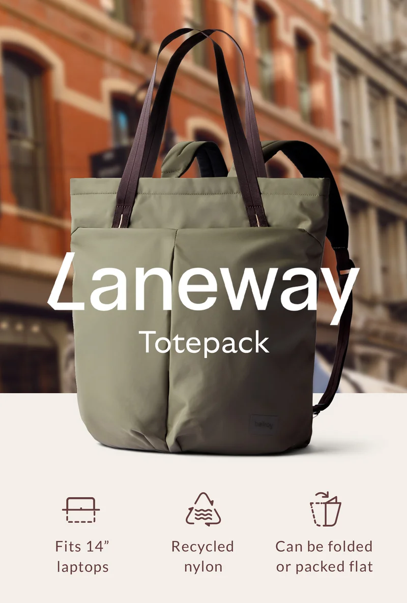 Laneway Totepack. Recycled nylon. Can be folded or packed flat. Fits 14” laptops