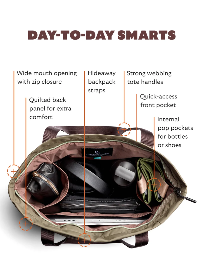 Hideaway backpack straps  Strong webbing tote handles  Quick-access front pockets  Quilted back panel for extra comfort  Internal pop pockets for bottles or shoes  Wide mouth opening with zip closure