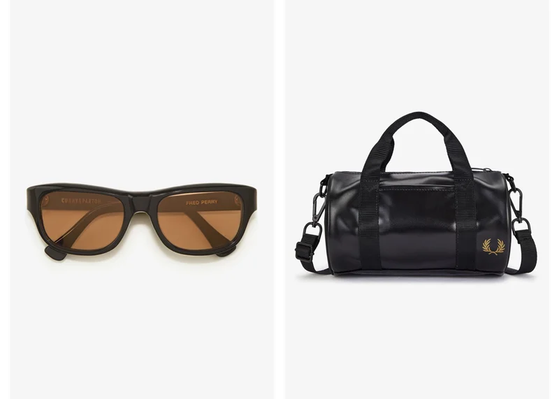 On the left: black rimmed sunglasses with champagne coloured lenses. On the right: mini barrel bag in black with champagne coloured laurel wreath logo