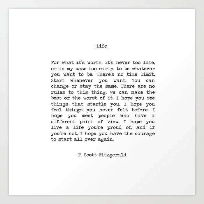 For What It's Worth, It's Never Too Late, F. Scott Fitzgerald quote, Inspiring, Great Gatsby, Life Art Print Art Print