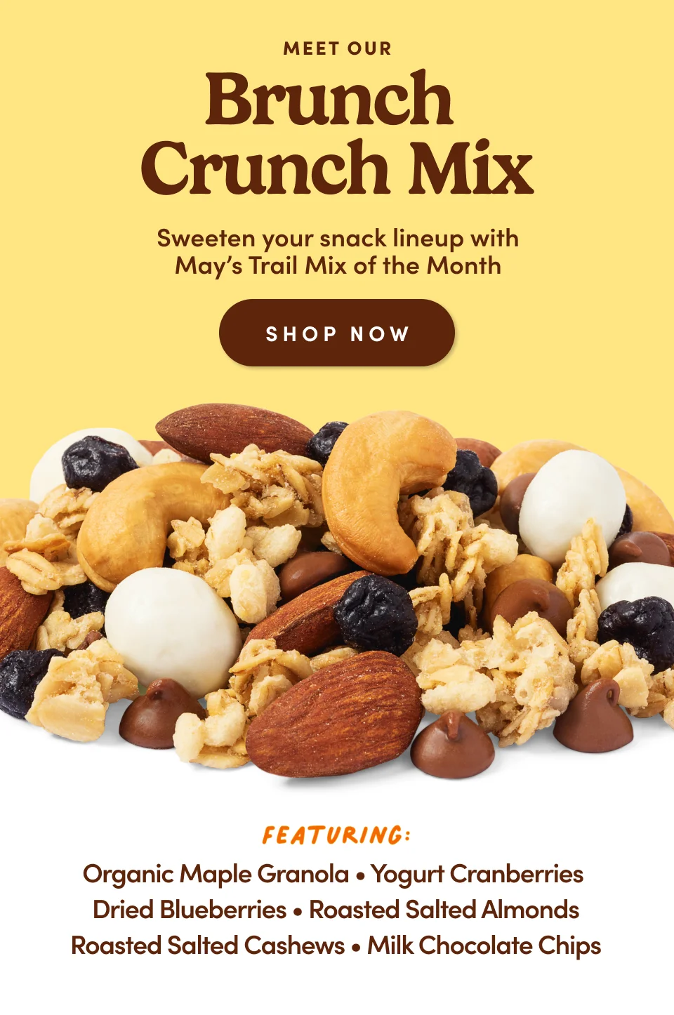Meet our Brunch Crunch Mix; Enjoy our all-new limited-edition blend for May; shop now; Featuring: Organic Maple Granola, Yogurt Cranberries, Dried Blueberries, Roasted Salted Almonds, Roasted Salted Cashews, Milk Chocolate Chips.