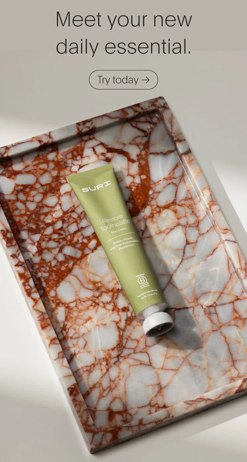 SURI Restore Toothpaste imagery showcasing the product shot in the center - in flavour 'mixed mint'