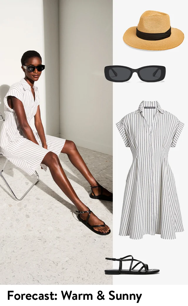Model wearing a striped dress, sunglasses and sandals; images of the dress, sunglasses, sandals and a woven hat.