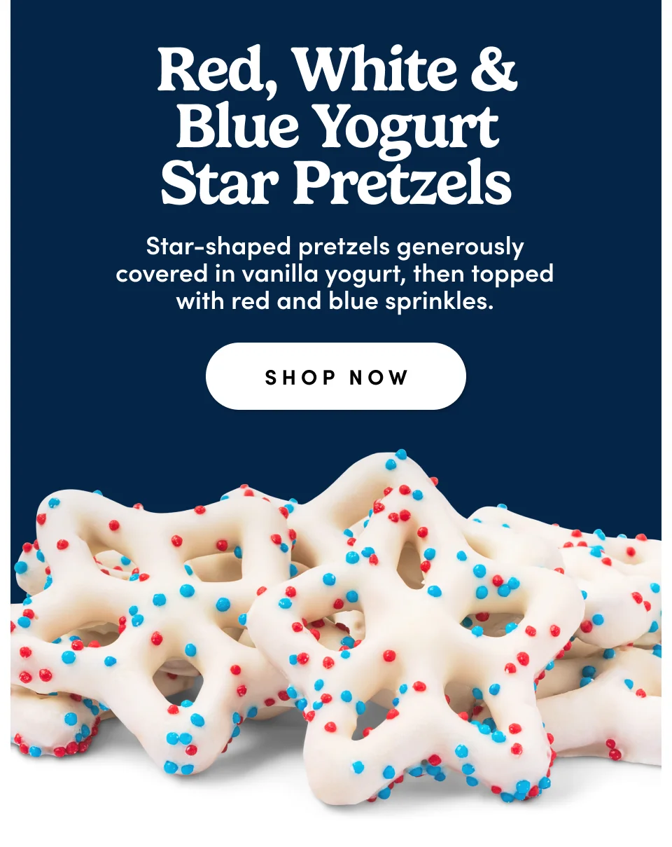 Red, White, & Blue Yogurt Star Pretzels: Star-shaped pretzels generously covered in vanilla yogurt, then topped with red and blue sprinkles.