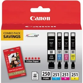 Canon PGI-250 and CLI-251 4-Cartridge Combo Pack, Includes Photo Paper Plus Glossy II, CLI-251C, CLI-251Y and CLI-251M Ink Tank, PGI-250PGBK Black Ink Tank for Select PIXMA Printers