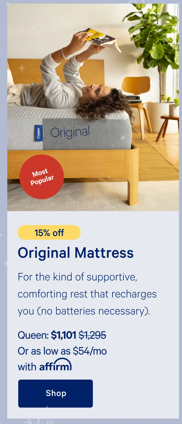 [15% off] >> Original Mattress >> Queen: $1,101 ($1,295) >> Or as low as $54/mo with affirm >> Shop >>