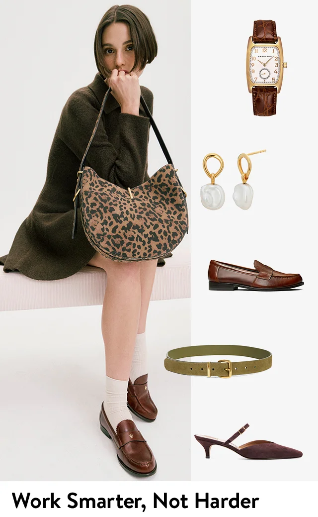 Seated woman wearing a jacket and loafers holding a carryall bag. Tory Burch loafer. Dolce Vita shoulder bag. Hamilton watch. Monica Vinader drop earrings. Madewell suede belt. Dolce Vita mary jane mule