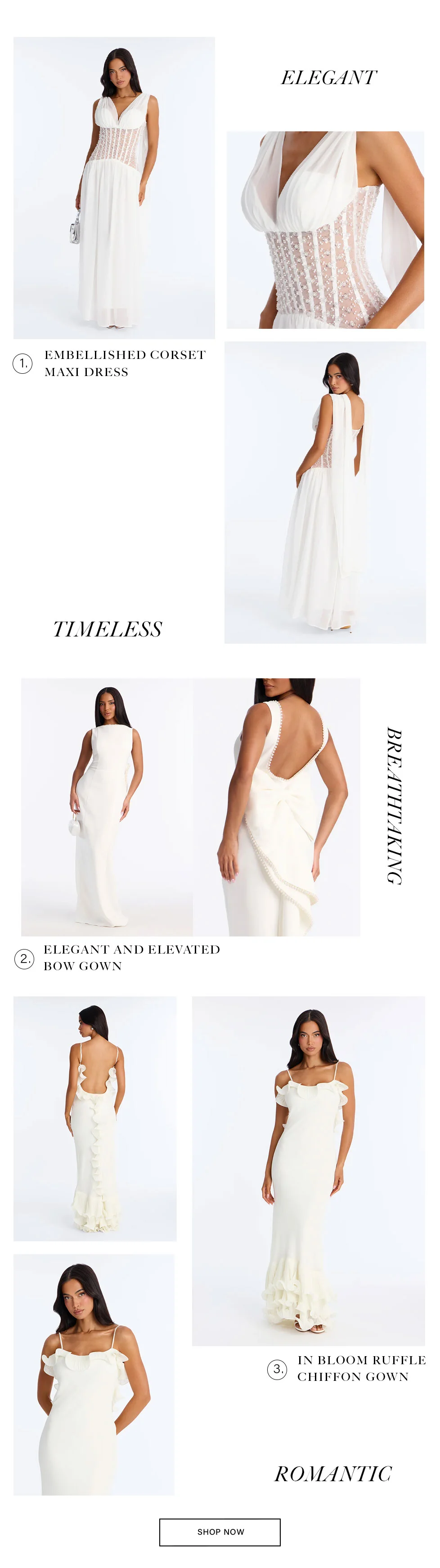 Elegant white dresses: embellished corset maxi, open-back bow gown, ruffled chiffon gown. Perfect for brides, weddings, or special occasions.