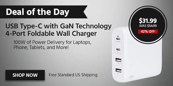 Deal Of The Day Usb Type-C With Gan Technology 4-port Foldable Wall Charger 100w Of Power Delivery For Laptops, Phone, Tablets, And More! Free Standard Us Shipping $31.99 Was $54.99 42% Off Shop Now
