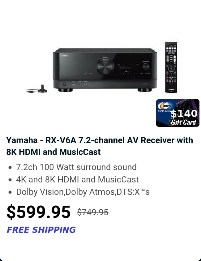 Yamaha - RX-V6A 7.2-channel AV Receiver with 8K HDMI and MusicCast